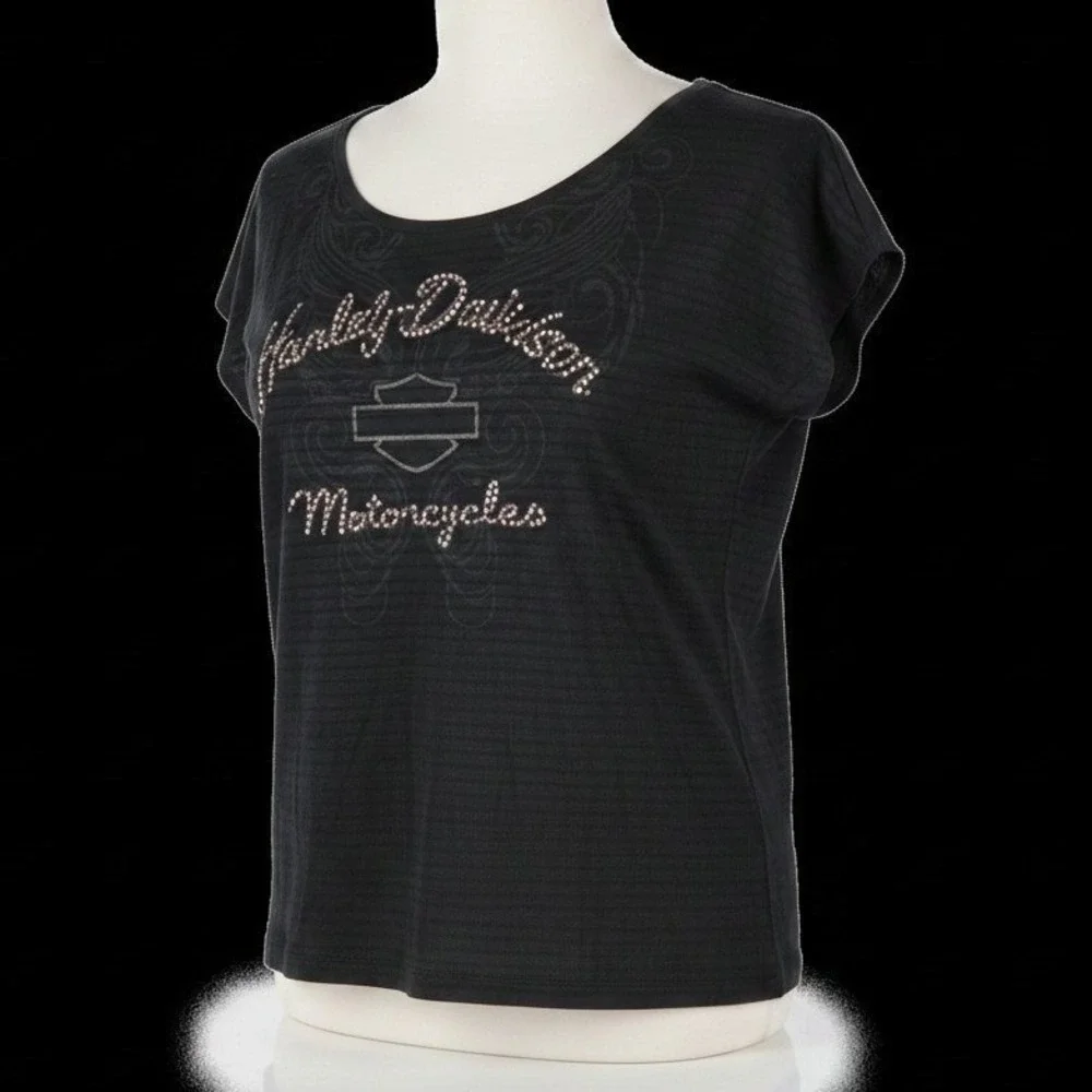 Harley-Davidson Womens XL Black Burnout Rhinestone Logo Strappy Cutout Back Top